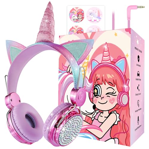 charlxee Kids Unicorns Headphones with Mic for School/Travel,95dB Volume Limited,Shareport,On/Over Ear Wired Headsets with Nylon Cable-Hot Pink