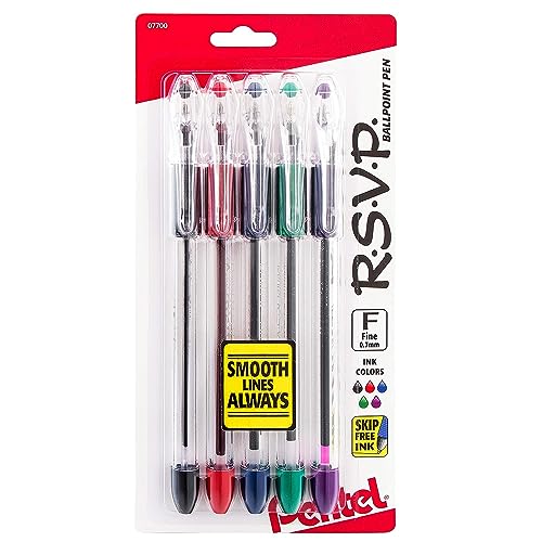 Pentel R.S.V.P. Ballpoint Pen, Fine Line, (0.7mm), Assorted Ink, Clear Barrel, 5 Pack (BK90BP5M)