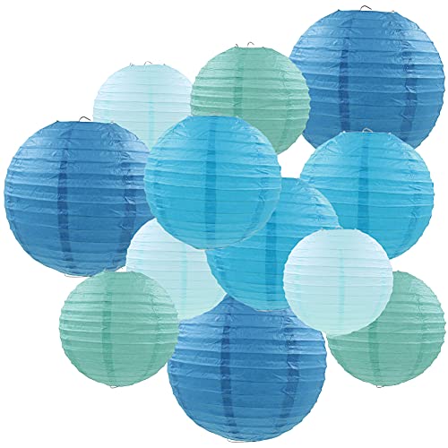 Famolay Blue Paper Lanterns 12 Pcs Assorted size of 6' 8' 10' 12' Chinese Round Paper Hanging Decorations Lanterns Lamps for Home Decorations, Parties, and Weddings