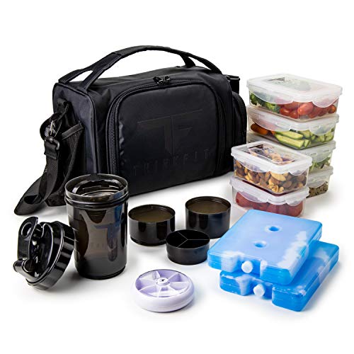 ThinkFit Insulated Meal Prep Lunch Box with 6 BPA-Free, Reusable, Microwavable, Freezer Safe Food Portion-Control Containers, Shaker Cup, Pill Organizer, Lunch Bag with Storage Pocket - (Black)