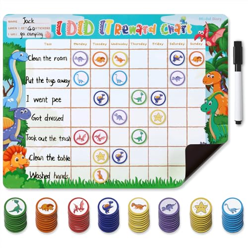 Blissful Diary Chore Chart for Kids, Magnetic Behavior Chart for Kids at Home w 72 Magnetic Stickers, Cute Dinosaur Theme Reward Chart for Toddlers, Dry Erase Responsibility Chart for Potty Training