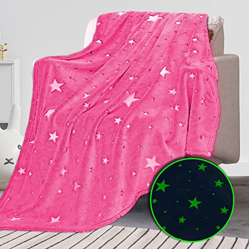 Glow in The Dark Blanket for Kids Unique Birthday Gifts for Girls Boys Teens Soft Cozy Warm Fuzzy Cute Throw Blanket All Seasons Pink Glowing Stars Blankets for Couch Sofa Bed 50'×60'