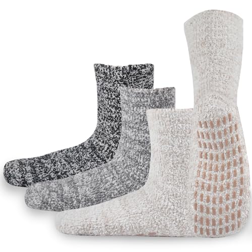 JORMATT 3 Pairs Women Grip Fuzzy Socks Non Skid Men Thick Cozy Slipper Hospital Socks with Grips,Men shoe size 4-7/Women size 4.5-8.5