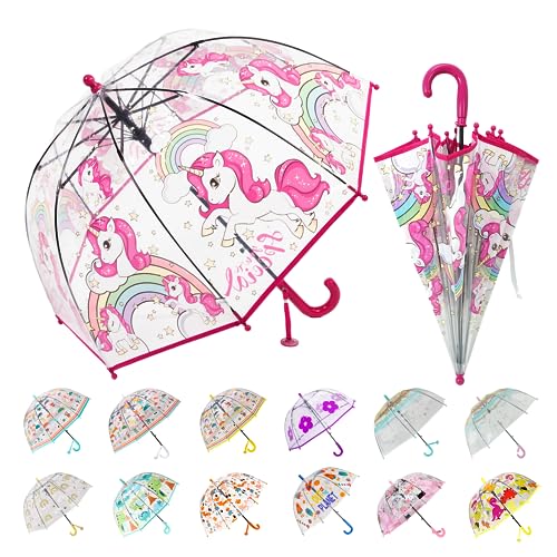 Wxjiahetai Kids Clear Bubble Umbrella Transparent Dome See Through Child Umbrellas for Rain Boys Girls with Pinch-Proof Closure and Easy-Grip Hook Handle(Clear Red Unicorn)
