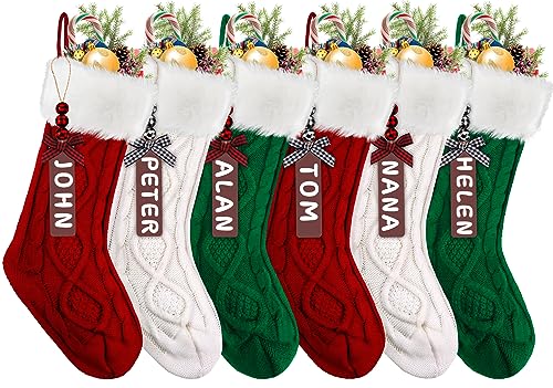 XIMISHOP 6PACK Christmas Stockings,18Inches Large Cable Knitted Stocking Personalized Xmas Hanging Stocking Decorations with Name Tags for Holiday Christmas Party Family Decor(Green Red White