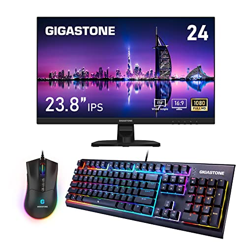 Gigastone Monitor, Wired Gaming Keyboard and Mouse Deluxe Bundle, 24 inch IPS Gaming LED Monitor 75Hz FHD 1920 x 1080, 104 Keys Brown Switch PC Gaming Keyboard and 12000 DPI Gaming Mouse
