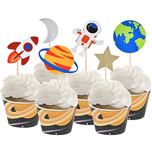 BCHOCKS 30pcs Outer Space Cupcake Toppers, Planet Party Supplies - Birthday Decorations, Rocket, Astronaut, Spaceship Themed Kids Children Party Supplies