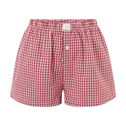 Women Pajamas Shorts Micro Boxer Shorts Y2K Cute Gingham Sleep Lounge Shorts Checkered Plaid Button Pj Mini Shorts