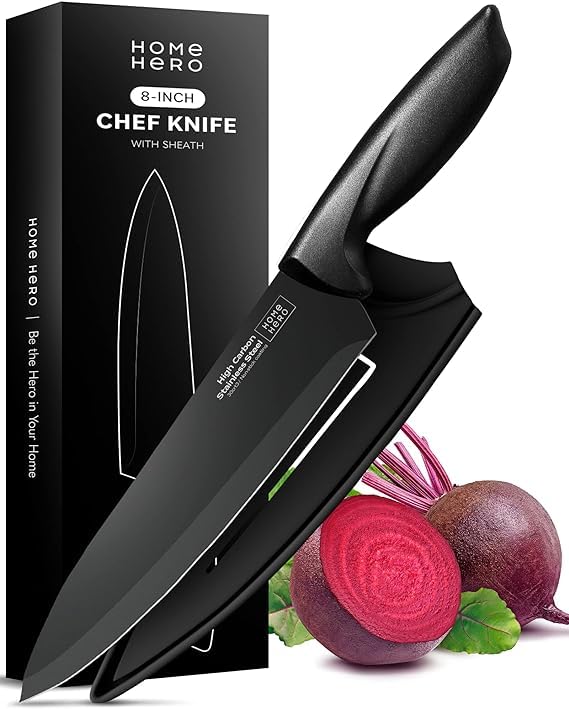 Home Hero 2 Pcs Chef Knife with Sheath - High Carbon Stainless Steel Chopping Knife with Ergonomic Handle - Razor-Sharp Multi-Purpose Kitchen Knife for Chopping Vegetable and Cooking (Black)