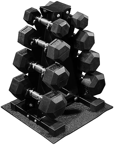 Signature Fitness 100LB Rubber Coated Hex Dumbbell Weight Set and Storage Rack, 5-20 lbs Pairs