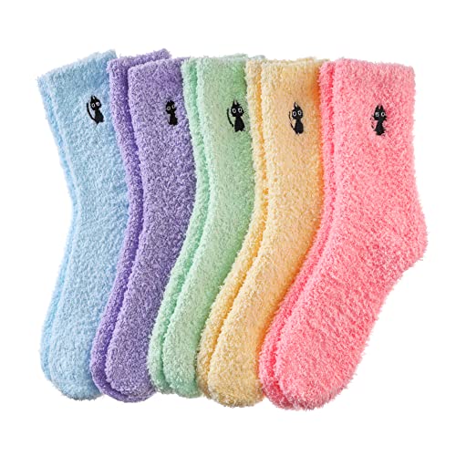 MQELONG Womens Super Soft Fuzzy Cozy Home Sleeping Socks Microfiber Winter Warm Slipper Socks (5 Pairs Cat)