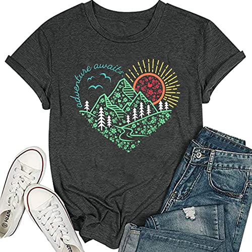 LUKYCILD Adventure Awaits T-Shirt Women Camping Shirt Mountain Hiking Shirts Outdoors Athletic Wanderlust Explore More Tee