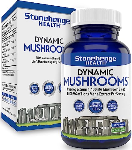 Stonehenge Health Dynamic Mushrooms - 100% Fruiting Bodies & Extracts - Lion’s Mane, Chaga, Maitake, Shiitake, Reishi - Nootropic Brain & Immune System Support - No Mycelium - 60 Veggie Capsules