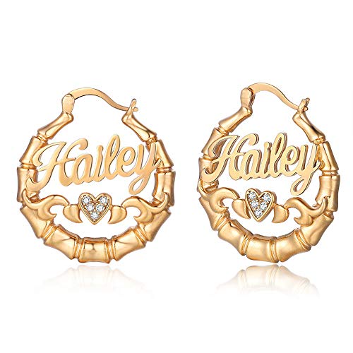 Custom Name Earrings Personalized Hoop Bamboo Earrings Gold Plated Earrings with Any Name for Women Girls (Style 6 Bamboo)