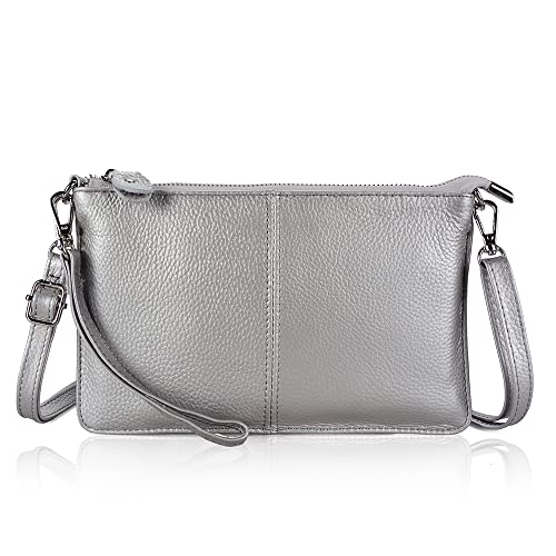 befen Women's Leather Wristlet Clutch Phone Wallet, Mini Crossbody Purse Bag with Card Slots (Silver)