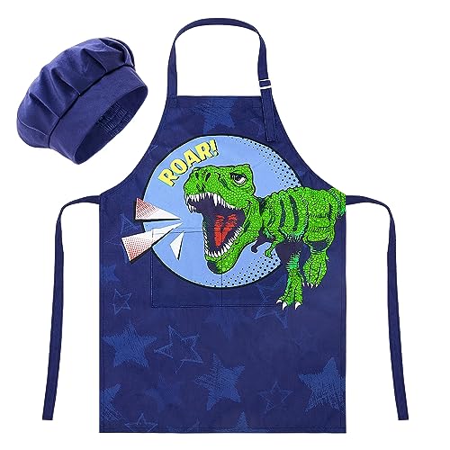 MHJY Kids Apron and Chef Hat for Boys Dinosaur Child Aprons with Pockets, Child Apron for Cooking Baking Painting 3-12 Years