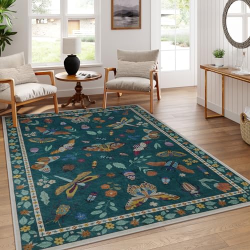 Lahome Insect Print Area Rugs 8x10, Non Slip Washable Rugs for Living Room 8x10 Rug, Soft Modern Bedroom Rug 8x10 Under Bed Ultra-Thin Large Carpet for Dining Room Office Playroom(8'x10',Dark Green)