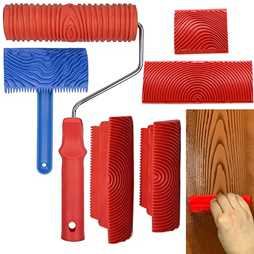 Wood Graining Tool Set, 6pcs 7' Fake Wood Grain Roller Painting Tool with Handle DIY Rubber Graining Tool Paint Look Like Wood for Wall Room Art Paint Decoration