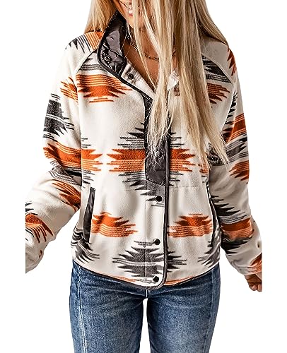 SELINK Womens Fleece Jacket Western Aztec Print Long Sleeve Snap Button Down Shacket Jackets with Pockets Grey-M