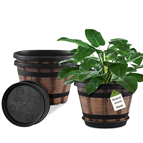 Quarut 3 Pack 10 inch Plant Pots,Whiskey Barrel Planters with Drainage Holes & Saucer, Plastic Decoration Flower Pots Imitation Wine Barrel Design, for Indoor & Outdoor Garden Home Plants (Brown)