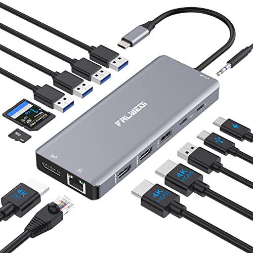 USB C Laptop Docking Station Dual Monitor, 14 in 1 USB C Hub Multiport Adapter Dongle with 2 HDMI, DisplayPort, RJ45, SD/TF, USB C/A Ports, PD, Mic/Audio, Compatible for MacBook Dell HP Lenove