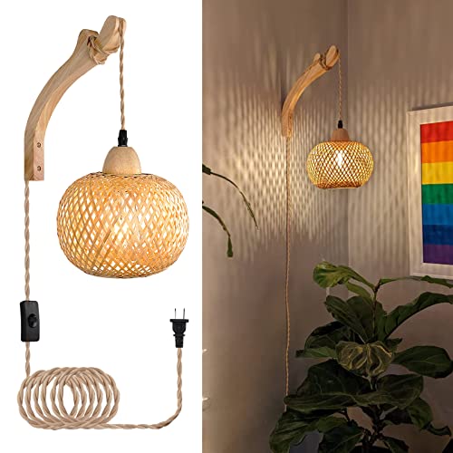 Frideko Bamboo Lantern Plug in Wall Sconces Wicker Wall Lamp with Plug in Cord Hand Woven Rattan Wall Light Farmhouse Rustic Wall Sconces Boho Sconces Wall Lighting for Living Room Bedroom