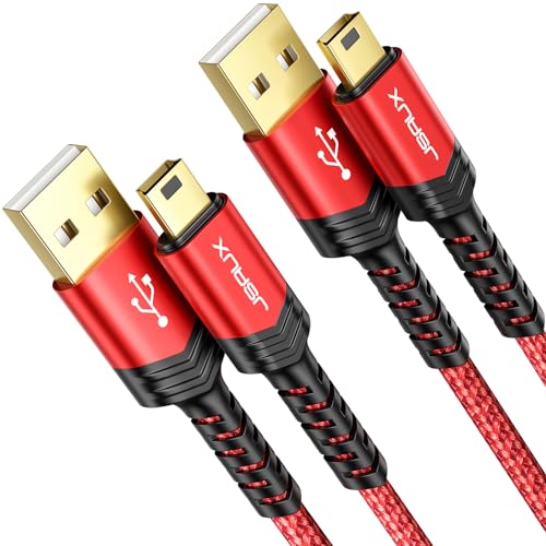 JSAUX Mini USB Cable[2-Pack 3.3ft+6.6ft], USB 2.0 Type A to Mini B Fast Charging Braided Cord Compatible with Blue Yeti Microphone Garmin Nuvi GPS 50 55 Ti-84 Plus CE Canon Rebel t7 Camera Gopro Red
