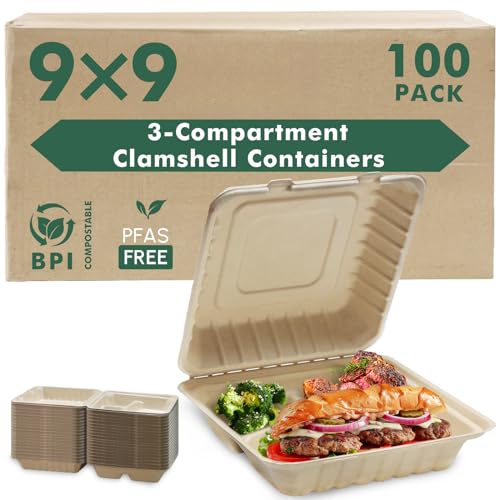 yoyomax [9x9-100Pack] 100% Compostable To Go Food Containers with Lids, 3-Compartment Take Out Clamshell Container, Bio Disposable | Eco Friendly | Heavy-Duty Boxes, Made of Sugarcane Fibers