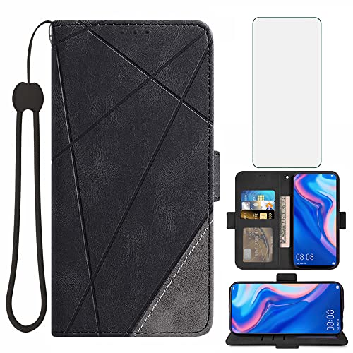 Asuwish Compatible with Huawei Y9 Prime 2019/Honor 9X/P Smart Z Wallet Case and Tempered Glass Screen Protector Leather Flip Cover Card Holder Cell Phone Cases for Hawaii Enjoy 10 Plus Women Men Black