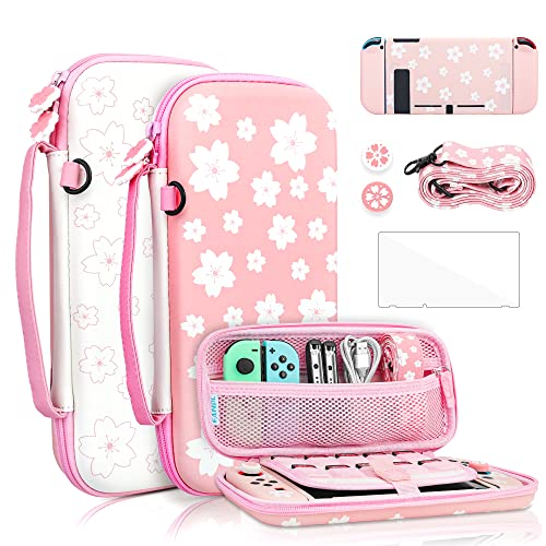 FANPL Cute Carrying Case Bundle for Nintendo Switch, Pink Switch Accessories Kit with Hard Travel Case, Soft TPU Cover, Adjustable Strap, Screen Protector, Thumb Grip Caps, Pink White Sakura for Girl