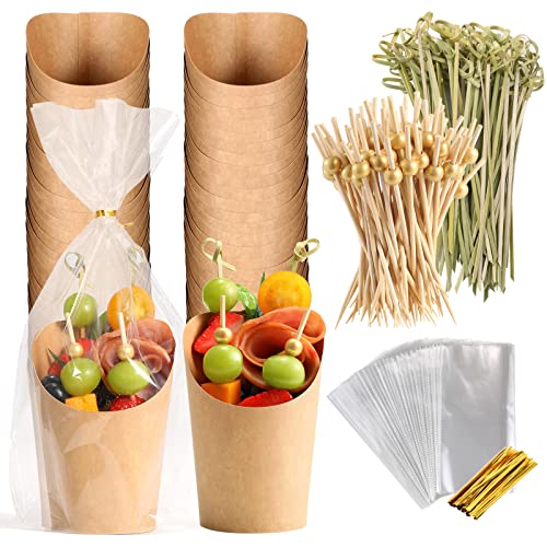 60 Sets Disposable Charcuterie Cups with Sticks and Bags, 14 oz Brown Kraft Paper Snack Boxes Appetizers Cup French Fry Holder with Cocktail Skewers Toothpicks Tooth Picks(60 Cups+60 Bags+200 Sticks)