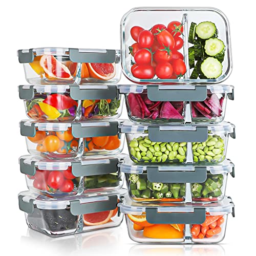 KOMUEE 10 Packs 30oz Glass Meal Prep Containers 2 Compartments,Glass Food Storage Containers with Lids,Airtight Lunch Bento Boxes,BPA Free,Oven,Freezer and Dishwasher Safe