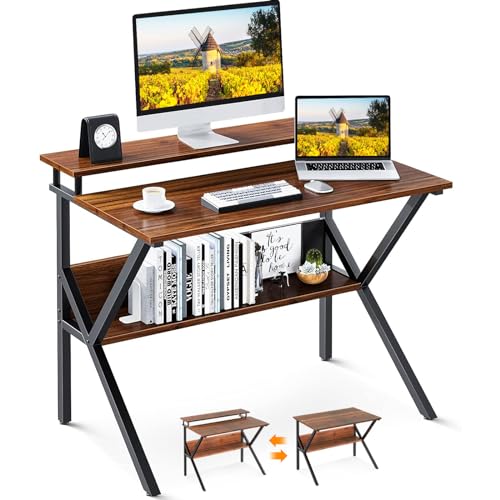 ODK Small Desk, 27.5 Inch Small Computer Desk for Small Spaces, Compact Desk with Storage, Tiny Desk Study Desk with Monitor Stand for Home Office, Espresso