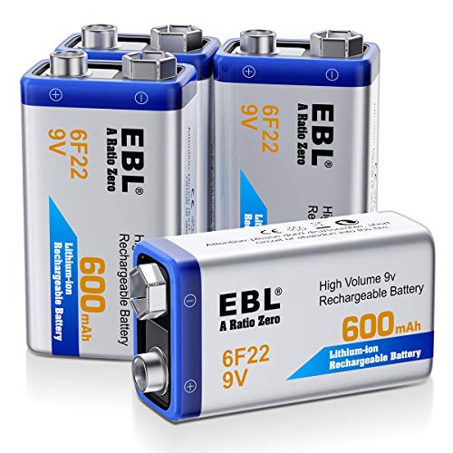 EBL 9V Rechargeable Batteries 9 Volt Lithium ion 600mAh Li-ion Batteries (4-Packs)