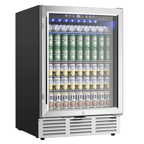 EUHOMY 24 Inch Beverage Refrigerator, 180 Can Built-in or Freestanding Beverage Cooler, Under Counter Beer Fridge with Glass Door for Soda, Water, Wine - For Kitchen, Bar or Office.