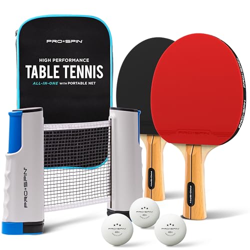 PRO-SPIN All-in-One Portable Ping Pong Paddle Set (2-Player) | Table Tennis Set | Retractable Ping Pong Net (Up to 72' Wide) | Premium Paddles | 3-Star Balls | Storage Case | Game Table | Gift