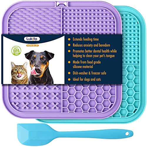 LUKITO Licking Mat for Dogs & Cats 2 Pack with Suction Cups, Dog Peanut Butter Lick Pads for Boredom Reducer, Perfect for Bathing Grooming (Blue&Purple+1 Spatula)