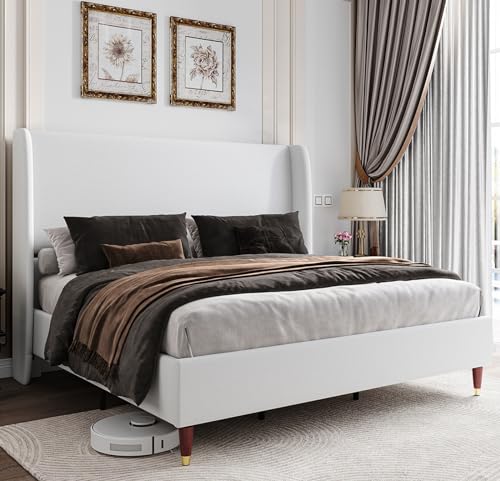 Jocisland Upholstered Bed Frame Queen Size 51.2' High Platform Bed with Wingback Headboard/No Box Spring Needed/Easy Assembly/White