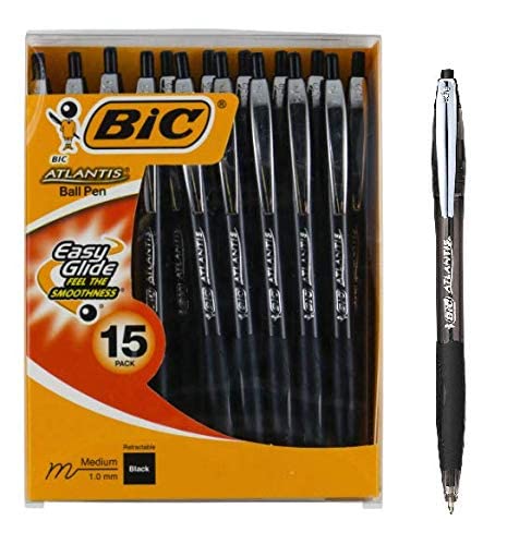 BIC Atlantis Retractable Ballpoint Pen, 1.0mm, Medium Point, Black Ink, Pack of 15