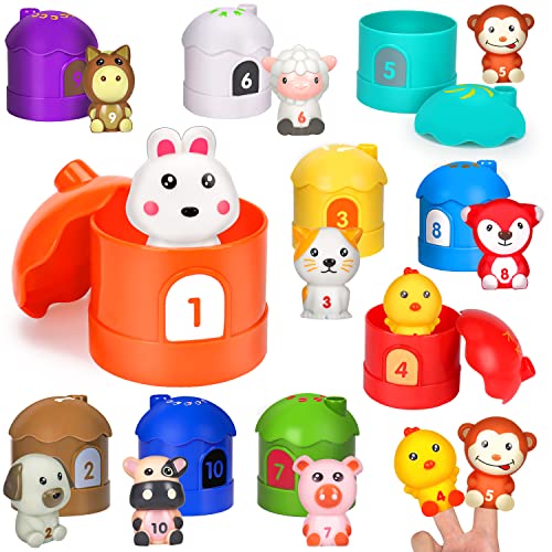 20 Pcs Soft Farm Animal Finger Puppet Barn Toy for Toddler 1-3 Montessori Learning Toy for 1 2 3 Year Educational Color Sorting Matching Counting Game Sensory 12-18 Month Boy Girl