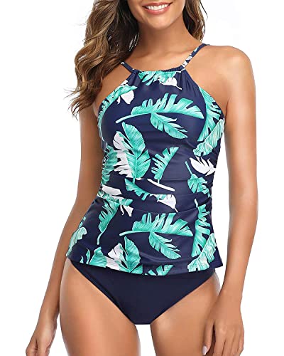 Tempt Me Women Green Leaf Two Piece Swimsuit Navy Blue Tankini Ruched Tummy Control High Neck Two Piece Swimsuits M