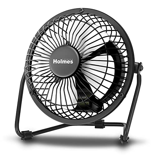 HOLMES 4' Mini High-Velocity Personal Desk Fan, 4 Blades, Adjustable 360° Head Tilt, Durable Metal Construction, Single Speed, Ideal for Home, Dorm Rooms, Bedrooms, or Offices, Black