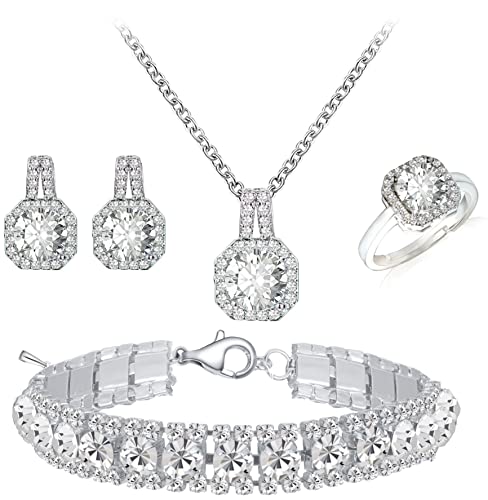 4pcs Cubic Zirconia Wedding Jewelry Sets for Bride Bridesmaid Cubic Zirconia Pendant Necklace Earrings Link Tennis Bracelet Open Ring Set for Women Birthday/Valentine's Day/Mother's Day/Christmas