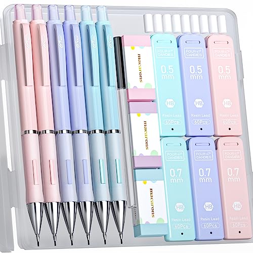 Four Candies Pastel Mechanical Pencil Set - 6PCS 0.5 mm & 0.7mm Pencils with 360PCS HB #2 Lead Refills, 3PCS Erasers and 9PCS Eraser Refills, Cute School Supplies Stuff for Student Writing Drawing