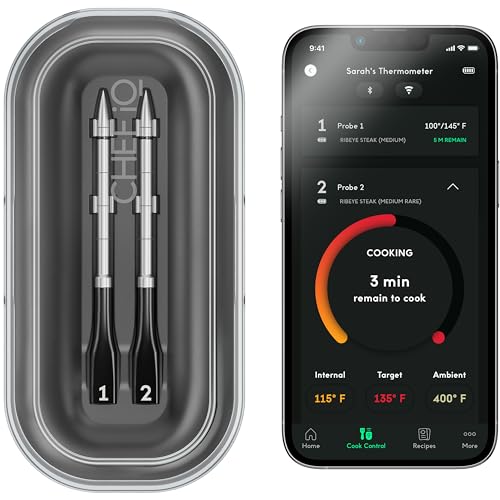 CHEF iQ Smart Wireless Meat Thermometer with 2 Ultra-Thin Probes, Unlimited Range Bluetooth Meat Thermometer, Digital Food Thermometer for Remote Monitoring of BBQ Grill, Oven