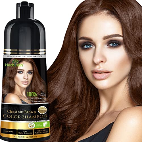 Hair Color Shampoo for Gray Hair – Magic Hair Dye Shampoo – Colors Hair in Minutes–Long Lasting–500 Ml–3-In-1 Hair Color–Ammonia-Free | Herbishh (Chestnut Brown)