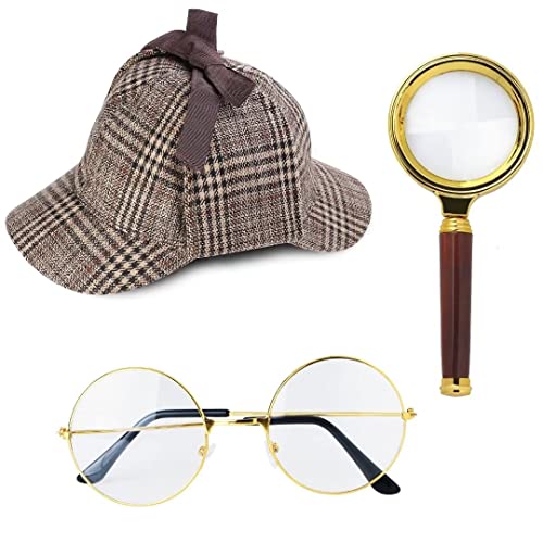 Beelittle Detective Costume Accessories Set Detective Hat Pipe Magnifier Glass Role Play Dress Up Costume Detective Cosplay Prop (Coffee)