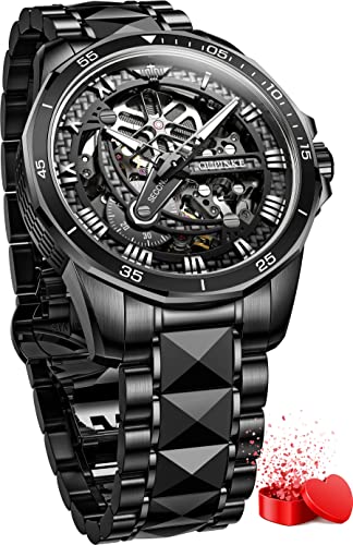 OLEVS Skeleton Watches for Men Wrist Watches Mechanical Automatic Luxury Black Tungsten Steel Sapphire Crystal Waterproof Luminous