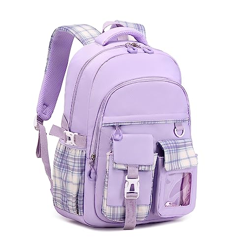 PIG PIG GIRL Girls Backpack, Lightweight Kids Backpack Functional Pockets Kawaii Teen School Backpack Watrer Resistant Bookbag for Primary Elementary School,Age 6-14 years,Purple