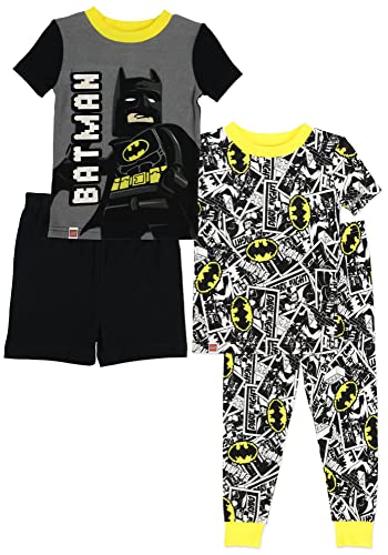 LEGO Batman Pajama Set for Boys 2-for-1, 4-Piece Cotton Sleepwear Set, Black/Yellow, Youth Size 6